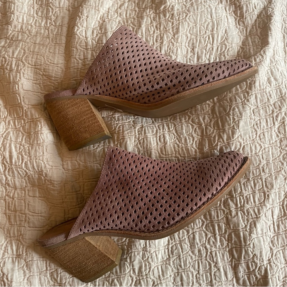 Jeffrey Campbell pink suede mules